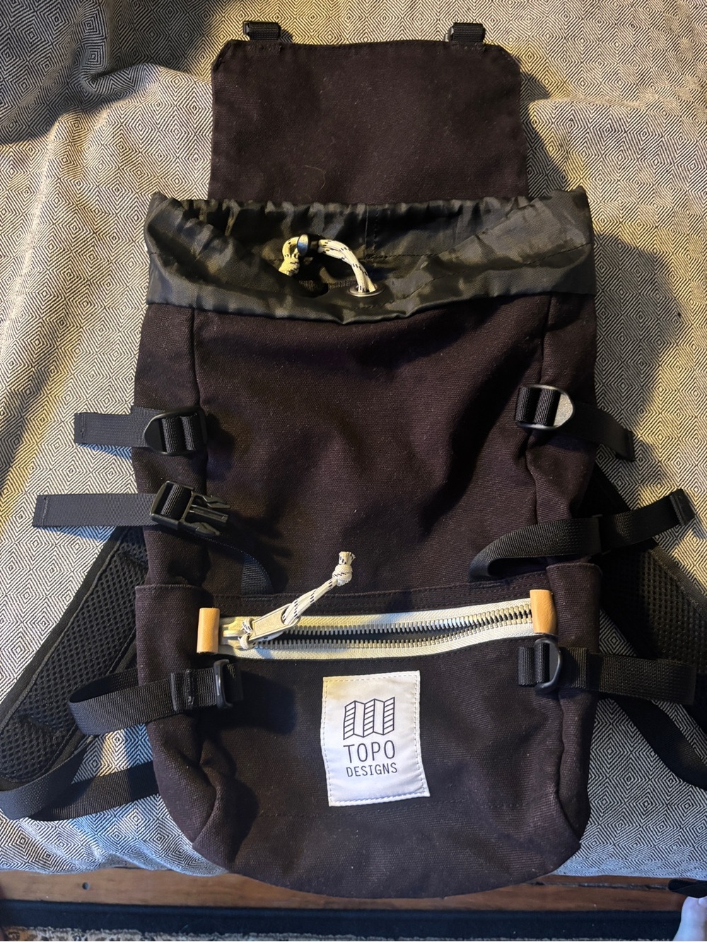 Topo Designs Mini Rover Black and White Canvas Daypack with Front Zip Pocket